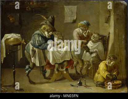 Englisch: Badezimmer mit Affen und Katzen. zwischen 1607 und 1623. Hieronymus Francken (II) - Badezimmer mit Affen und Katzen Stockfoto