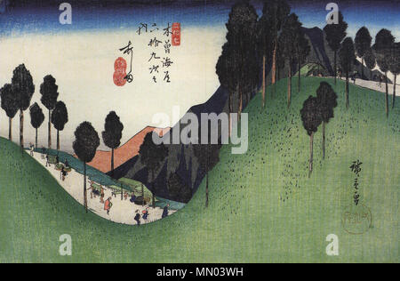 ???:?????????? ?????? Englisch: Ashida, von Sechzig - neun Stationen auf der Autobahn (Kisokaido Kisokaido Rokuju-Ku Tsugi). zwischen ca. 1835 und ca. 1837. Hiroshige ein grünes Tal mit Bäumen Stockfoto