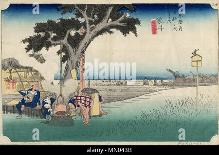 . Englisch: Bahnhof Fukuroi, "Tee Abschaltdruck" (dejaya Keine zu, 出茶屋ノ図); Variante d; Herausgeber Dichtung (Senkakudō 僊 (仙) 鶴堂) und Hoeidō (保永堂). ca. 1833/35. Hiroshige (1797-1858) Alternative Namen????, Utashige (??), Ichiy? sai Hiroshige ICH (?????), Und? Hiroshige (????), Geburt Name: Und? Tokutar? (?? ???) Beschreibung japanischen Ukiyo-e Künstler, Maler und Zeichner Geburtsdatum / Tod 1797 vom 12. Oktober 1858 Ort der Geburt / Todes Edo Edo Arbeiten Zeitraum zwischen ca. 1812 und ca. 1858 Arbeitsort Edo, heute Tokio, T?kaid? (Straße) (1832), Kyoto (1832) Kontrolle: Q 200798 VIAF:? 19678928 IST Stockfoto