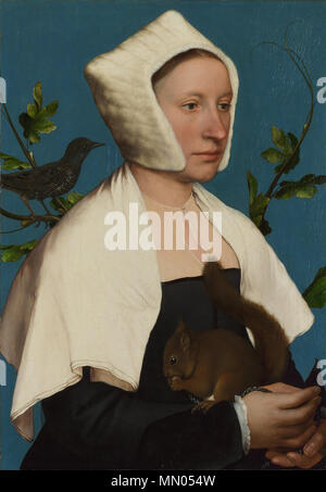 Eine Dame mit einem Eichhörnchen und einem Starling (Anne Lovell?). 1526 - 28. Hans Holbein der Jüngere - eine Dame mit einem Eichhörnchen und einem Starling (Anne Lovell) - Google Kunst Projekt Stockfoto