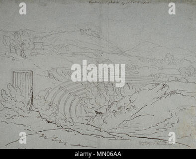 . Deutsch: "tusculum - Amphitheater ausgegraben von L. Bonaparte". Feder und Tinte auf blauem Papier. 1817. Zweimal eingeschrieben. Sprueche: "De La Hanty Album 'von 120 Zeichnungen, die von Williams auf seiner 1816-1818 Continental Tour. Ex Coll: Wahrscheinlich William Douglas von Orchardton ? (1784-1821), die für die Tour bezahlt; ... ; Baron Dr. Cornelius Ver Heydon de Lancy (1889-1984) (m. Josephine De la Hanty vor dem zweiten Weltkrieg); Stephen Somerville (das Album aufgebrochen und ausgestellt 1988). Andere Zeichnungen aus dem Album sind im Britischen Museum. 16,5 x 22 cm. . 1817. Hugh William Williams (1773-1829) Alternative Namen Hugh 'G Stockfoto