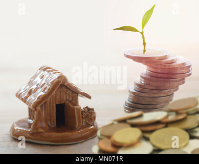 Kleiner Baum Stapel auf Münzen, kleines Haus in der Nähe von Geld, Konzept in der Geschäfts-, Finanz- und konto Bank über den Kauf, den Verkauf und Mietkauf home Stockfoto