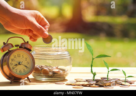 Hand Geld an jary mit Wecker und kleiner Baum Wachstum auf der Münzen auf Holz Hintergrund abgesteckt, Konzept für Wachstum, Sparen und Investitionen in b Stockfoto