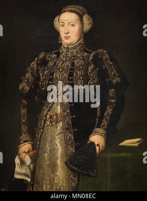 . Español: Retrato de la Reina Catalina de Austria (1507-1578), Que fue hija de la Reina Juana I de Castilla y de Felipe el Hermoso y Reina consorte de Portugal por su matrimonio con el Rey Juan III de Portugal. Englisch: Katharina von Österreich, Königin von Portugal, der Tochter König Felipe I von Spanien, und Infanta Juana von Spanien (Juana La Loca), Frau von König João III. von Portugal, der Mutter des Prinzen João Manuel von portgual. Catalina de Austria, Reina consorte de Portugal. ca. 1552-1553. Infanta Caterina von Spanien Stockfoto