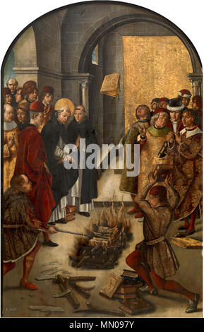 . Español: La pintura beschreiben la Historia de una Disputa entre Santo Domingo de Guzmán, fundador de la Orden de Los Dominicos, y los Albigenser (cátaros), en los que los Libros de Ambos sometidos fueron a una prueba de Fuego, y Los de Santo Domingo fueron milagrosamente preservados de las Lamas (milagro de Fanjeaux). Englisch: Dies schildert die Geschichte einer Auseinandersetzung zwischen Saint Dominic und die Katharer, in der die Bücher sowohl auf einem Feuer und St. Dominic's Bücher geworfen wurden auf wunderbare Weise vor den Flammen bewahrt. Dies wurde geglaubt, die Fehlerhaftigkeit der Lehren der Katharer zu symbolisieren. Spanis Stockfoto
