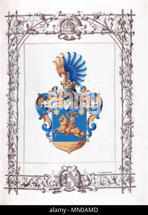 . English: Wappen aus dem Adelsdiplom von Franz Joseph I. (Kaiser von Österreich 1848-1916) für Josef [von] Blaschka, Edlen Feldmarschallleutnant des Ruhestandes (* 1851 in Regelsbrunn, Niederösterreich, 1905 Generalmajor, 1909 pensioniert, 1910 Feldmarschallleutnant des Ruhestandes, † 1929). Adelsdiplom ausgestellt Wien, 13. 10. 1910, mit eigenhändiger Unterschrift des Kaisers, Gegenzeichnung Innenminister Guido Freiherr v. Hartl und Ministeriarat Felix v. Schmidt-Gasteiger. Pergamentlibell, 7 Seiten, gedruckte Bordüre, Wappendarstellung signiert 'F(riedrich) Junginger". Violetter Samteinband Stockfoto