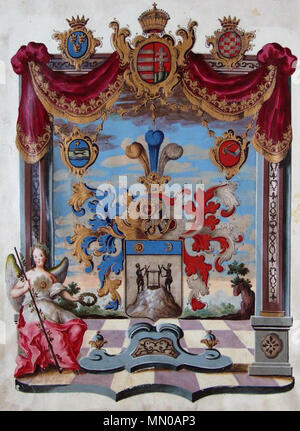 . English: Wappen aus dem Adelsdiplom von Leopold II. (Römisch-deutscher Kaiser 1790-1792) als König von Ungarn für Georg Hoffmann, ausgestellt am 2. Juni 1791, mit eigenhändiger Unterschrift des Kaisers. . 1791. Anonyme Adelsdiplom - Hoffmann 1791 - Wappen Stockfoto