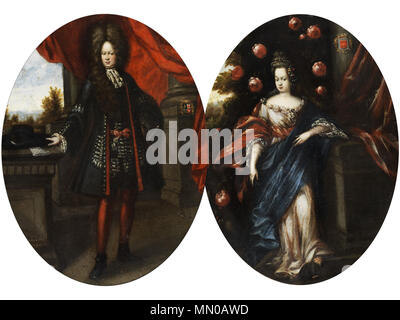 . English: Gemäldepaar Porträt eines adeligen Herren und einer adeligen Dame, jeweils mit Wappen. Lombardei, 17. Jahrhundert. Öl auf Kupferplatte. Je 23,5 x 18 cm. . 17. Jahrhundert. Anonym (Lombardei) Adelsportraits Lombardei 17 Jh Stockfoto