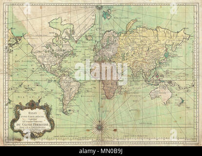 . Englisch: Eine attraktive erste Ausgabe erste Zustand Beispiel von J. N. Bellin's 1778 nautische Karte der Welt. Zeigt die ganze Welt auf einem Mercator Projektion auf ein Paris (L'Isle de Fer) Meridian. Dies ist vor allem der erste Staat, der dieses wichtige Karte, zeigen eine pre-Cook Geographie, aber besonders im Pazifik und entlang der Nordwestküste von Amerika. Nordamerika westlich des Mississippi ist vage Nach 16 Expeditionen in die Region, Coronado, La Salle, De Soto gerendert, und andere. Bellin identifiziert die semi-mythischen Zivilisationen von Stockfoto