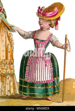 . Outfit der pre-Teen Tochter eines französischen "bürgerlichen" von der Galerie des Modi, 1778 (Platte 45, Detail): Ein grünes Kleid mit großen Taschen und eine weiße gestreifte pseudo-schürze Sache über Sie. Von modernen Standards, scheint es ziemlich unpraktisch für ein Kind in diesem Alter - und die Kleidung von einem tatsächlichen Aristocrat junge Mädchen im gleichen Alter vielleicht noch extremer gewesen. (Die nach aristokratischen Kleid bei Bild vergleichen: 1778-Jeune-dame-de-Qualite-en-grande-Gewand.jpg.) Dieses war über ein Jahrzehnt vor der Idee des Sparing Kinder die meisten der Demütigungen von Erwachsenen Moden ergriff (vergleichen Sie die atti Stockfoto