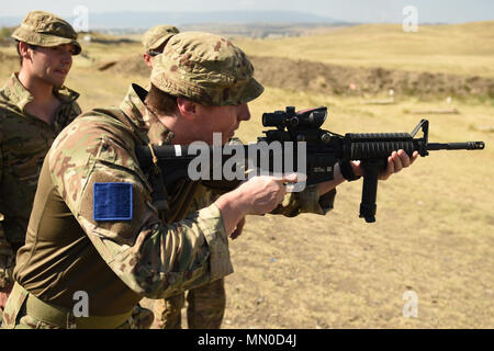 Wasiani MILITÄRBASIS, Georgia - ein fallschirmjäger aus 2.BATAILLON der Britischen Armee, Parachute Regiment erhält Hands-on Training mit Waffensystemen von 54Th Brigade Ingenieur Bataillon, 173Rd Airborne Brigade während der Übung Noble Partner. Edle Partner 17 (NP 17) ist eine europäische Drehkraft (ERF) Ausübung der Georgia's leichte Infanterie Firma Beitrag zu den NATO Response Force (NRF). Die Übung bietet teilnehmenden Nationen mit der Möglichkeit, in einer multinationalen Umgebung zu trainieren und gleichzeitig die Zusammenarbeit und Interoperabilität während realistische und anspruchsvolle Ausbildung Veranstaltungen Stockfoto