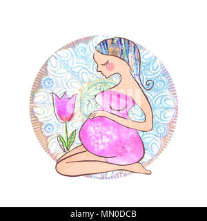 Schöne schwangere Frau und Tulpe Blume isoliert. Glückliche Kindheit. Neue geboren. happy Muttertag Karte mit schwangeren Frau. Stockfoto