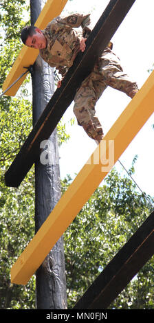 Jason Adams, ein Kadett in der Army Reserve Officers' Training Corps, Manöver durch das Vertrauen klettern Hindernis im Sabalauski Air Assault Schule, Aug 2 am Fort Campbell, Ky. Kadetten und Offiziere besuchten Fort Campbell und einem Rundgang durch die Anlage, manövriert durch den Hindernisparcours und von TSAAS's Tower rappel rappelled. (U.S. Armee Foto von Sgt. Steven E. Lopez, 40. Öffentliche Angelegenheiten Abteilung) Stockfoto
