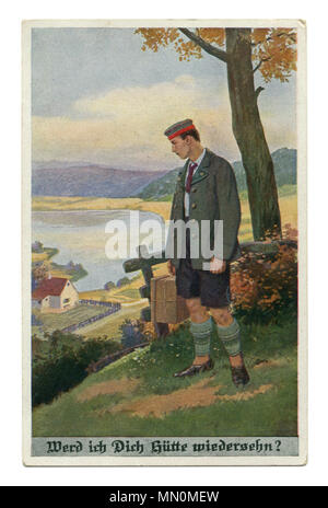 Alte deutsche Postkarte: "Werde ich dich wieder sehen?" Der Abschied von der Soldat mit seinem Haus. Der Rekrut geht nach vorne. der Erste Weltkrieg 1914-1918, Deutschland Stockfoto