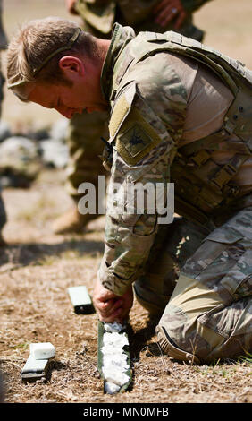 Tiflis, Georgien - ein Soldat aus dem 2 Parachute Regiment, britische Streitkräfte bereitet Plastiksprengstoff für Hindernis clearing Missionen in Wasiani Militärbasis für edle Partner 17. Edle Partner 17 (NP 17) ist eine europäische Drehkraft (ERF) Ausübung der Georgia's leichte Infanterie Firma Beitrag zu den NATO Response Force (NRF). Die Übung bietet teilnehmenden Nationen mit der Möglichkeit, in einer multinationalen Umgebung zu trainieren und gleichzeitig die Zusammenarbeit und Interoperabilität in realistischen und anspruchsvollen Schulungen. Stockfoto