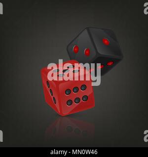 Vector Illustration von Rot und Schwarz realistische Spiel Würfel Symbol im Flug closeup auf schwarzen Hintergrund. Casino Design Template für App, Web, Infografiken, Werbung, Mock up etc. Stock Vektor