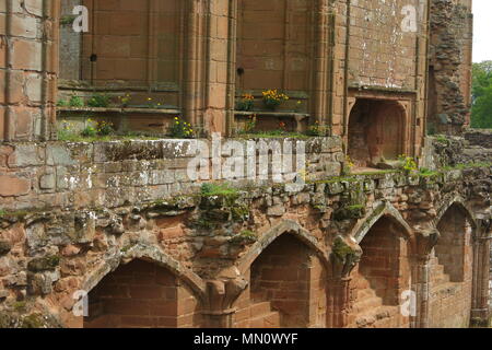 Die imposanten Ruinen von Schloss Kenilworth gehören Mortimer's Turm, von Leicester Torhaus, die Halten & Große Halle; hochfliegende Bögen & rocky Türme erkunden Stockfoto