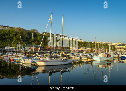 Weitwinkelaufnahme der Boote und Yachten in Penarth Marina im Morgenlicht mit Reflexionen im Wasser Stockfoto