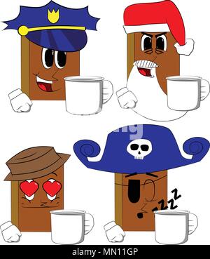 Bücher halten große Tasse. Comic Book Collection mit Kostüm Gesichter. Ausdrücke Vektor einrichten. Stock Vektor