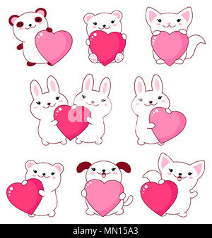 Satz von niedlichen Tiere baby-Eisbär, Panda, Hund, Hase, Katze. Mit Rosa und Rot glänzend Valentine Herzen kawaii Stil. EPS8 Stockfoto