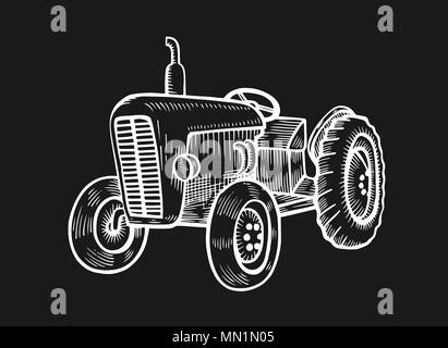 Radtraktor in Vintage graviert Stil. Vektor hand gezeichnete Bild auf schwarzem Hintergrund isoliert. Stock Vektor