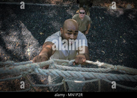 Armee-reservesoldat 1 Leutnant Robert Sommer, Operations Officer, 335.- Signal (Theater) nutzt ein Cargo Net auf einen Turm, während ein Hindernis zu klettern auf Joint Base Mc Guire-Dix - Lakehurst, New Jersey, 12.08.10. Mehr als 100 Soldaten aus der Armee finden 335 SC (T) Sitz in East Point, Georgien sind an der Basis die Durchführung einer Vielzahl von Übungen im Rahmen der jährlichen Schulung der Einheit. (Offizielle US-Armee finden Foto von SPC. Matthew E. Drawdy) Stockfoto