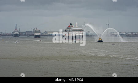 Queen Mary 2, Queen Elizabeth und Queen Victoria in Liverpool zum 175-jährigen Jubiläum der Cunard Cruise Line Feiern Stockfoto