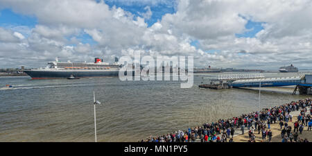 Queen Mary 2, Queen Elizabeth und Queen Victoria in Liverpool zum 175-jährigen Jubiläum der Cunard Cruise Line Feiern Stockfoto