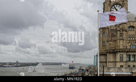 Queen Mary 2, Queen Elizabeth und Queen Victoria in Liverpool zum 175-jährigen Jubiläum der Cunard Cruise Line Feiern Stockfoto