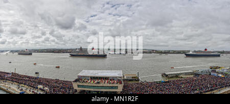 Queen Mary 2, Queen Elizabeth und Queen Victoria in Liverpool zum 175-jährigen Jubiläum der Cunard Cruise Line Feiern Stockfoto