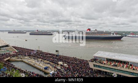 Queen Mary 2, Queen Elizabeth und Queen Victoria in Liverpool zum 175-jährigen Jubiläum der Cunard Cruise Line Feiern Stockfoto