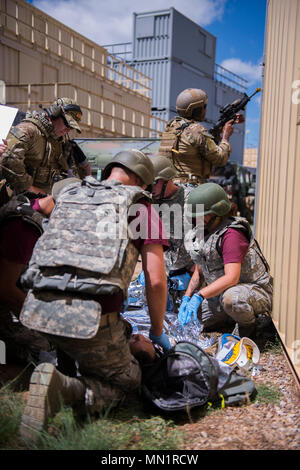 Die Teilnehmer machen die Hilfe für die Opfer von einem strassenrand Bombardierung während der 27 Special Operations's Medical Group Rettungssanitäter Rodeo Aug 9, 2017, im Melrose Air Force Range, New Mexico. 21 Mannschaften von Air Force Basen rund um die Welt besucht MAFR und Cannon Air Force Base, New Mexiko, in das EMT-Rodeo zu beteiligen, so dass die Techniker ein breites Sortiment von Szenarien, die ihr Wissen und ihre Ausbildung im medizinischen Bereich zu prüfen. (U.S. Air Force Foto: Staff Sgt. Charles Dickens/Freigegeben) Stockfoto