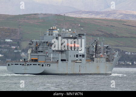 USNS William McLean (T-AKE-12), Lewis und Clark-Klasse Dry Cargo Schiff der US-Marine, bei der ankunft Stufen für Übung gemeinsame Krieger 18-1. Stockfoto