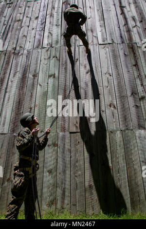 Ein U.S. Naval ROTC Midshipman rappels hinunter eine Wand während Karriere orientierte Ausbildung für die Midshipmen (CORTRAMID) Marine Woche, Camp Lejeune, N.C., 25. Juli 2017. Der Zweck der CORTRAMID ist es, den Studenten zu Chancen in der Fleet Marine zu entlarven und ein Interesse an einer Marine Corps Kommission generieren. (U.S. Marine Corps Foto von Cpl. Judith L. Harter) Stockfoto