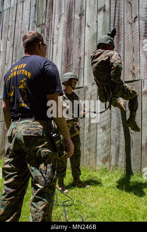 Ein U.S. Naval ROTC Midshipman rappels hinunter eine Wand während Karriere orientierte Ausbildung für die Midshipmen (CORTRAMID) Marine Woche, Camp Lejeune, N.C., 25. Juli 2017. Der Zweck der CORTRAMID ist es, den Studenten zu Chancen in der Fleet Marine zu entlarven und ein Interesse an einer Marine Corps Kommission generieren. (U.S. Marine Corps Foto von Cpl. Judith L. Harter) Stockfoto