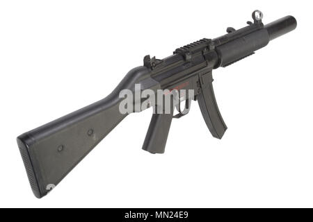 Maschinenpistole MP5 mit Schalldämpfer isoliert Stockfoto