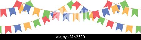 Nahtlose Girlande mit Feier Flaggen Kette, Gelb, Blau, Rot, Grün Fähnchen auf weißem Hintergrund, Fußzeile und Banner für die Dekoration Stock Vektor
