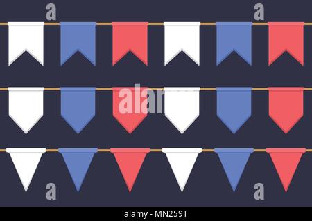 Satz von Girlanden mit Feier Flagge Kette, weißen, blauen, roten Fähnchen auf dunklem Hintergrund, Fußzeile und Banner für die Dekoration Stock Vektor
