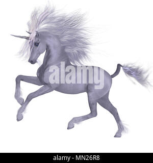 White Unicorn Tänzelt - ein Einhorn ist ein Fabelwesen, das einen weißen Mantel, gespaltene Hufe, Ziege Bart und Stirn Horn. Stockfoto