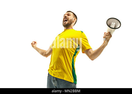 Brasilianische fan Feiern auf weißem Hintergrund Stockfoto