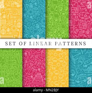 Satz linearer Reisestil Konzept. Reise Element auf einem Plakat, Buch, Layout abstrakt, Zeitschriften, Broschüre. Vektor dünne Linie Ferienhäuser tour Gruß Auto Stock Vektor