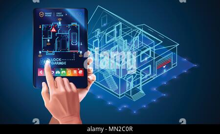 IOT. Smart Home System Application Interface. 3D-Haus plan x-ray. Hand berühren auf Tablet Bildschirm. Steuerung Verriegelung von Türen und Fenstern über das Internet von Th Stock Vektor