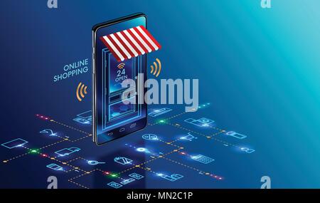 Online Shopping. Smartphone verwandelte sich in Internet Shop. Konzept des Mobile Marketing und e-Commerce. Isometrische Supermarkt Smartphone mit Ikonen der purc Stock Vektor