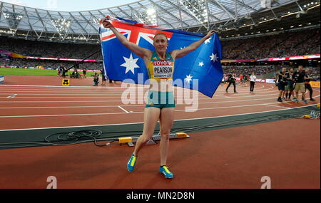 LONDON, ENGLAND - 12. August: Sally Pearson von Australien jubeln nach dem Sieg der Frauen 100m Hürden Finale bei Tag neun der 16. IAAF Leichtathletik WM 2017 in London an der London Stadion am 12. August 2017 in London, Vereinigtes Königreich. - - - Bild von: © Paul Cunningham Stockfoto