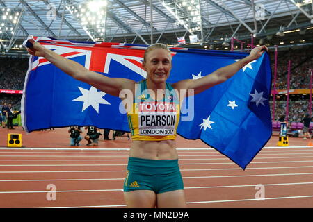 LONDON, ENGLAND - 12. August: Sally Pearson von Australien jubeln nach dem Sieg der Frauen 100m Hürden Finale bei Tag neun der 16. IAAF Leichtathletik WM 2017 in London an der London Stadion am 12. August 2017 in London, Vereinigtes Königreich. - - - Bild von: © Paul Cunningham Stockfoto