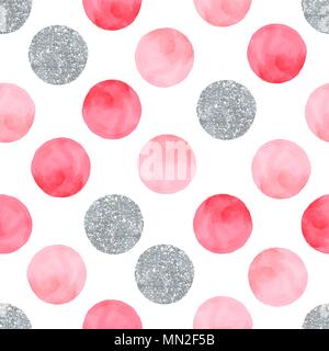 Aquarelle rosa nahtlose Muster mit Punkten und Kreisen Stock Vektor