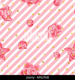 Hochzeit nahtlose Muster Hintergrund mit Rosen und Glitter Stock Vektor