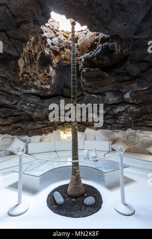 La Asomada, Lanzarote, Kanarische Inseln, Spanien: Lounge Bereich in einer Höhle mit einem Baum durch die Lava auf der Dachterrasse in der Fundación César Manrique Museum Stockfoto