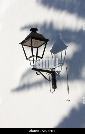 Streetlantern auf einer weißen Wand mit Schatten eines Palm Leaf Stockfoto