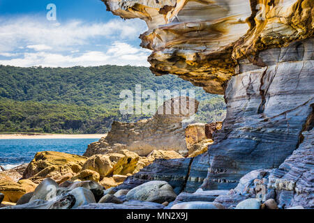 Aussparungen, Sandstein Felsen unterhalb der Klippe der Bouddi Punkt, Maitland Bay, Bouddi National Park, Central Coast, New South Wales, Australien Stockfoto